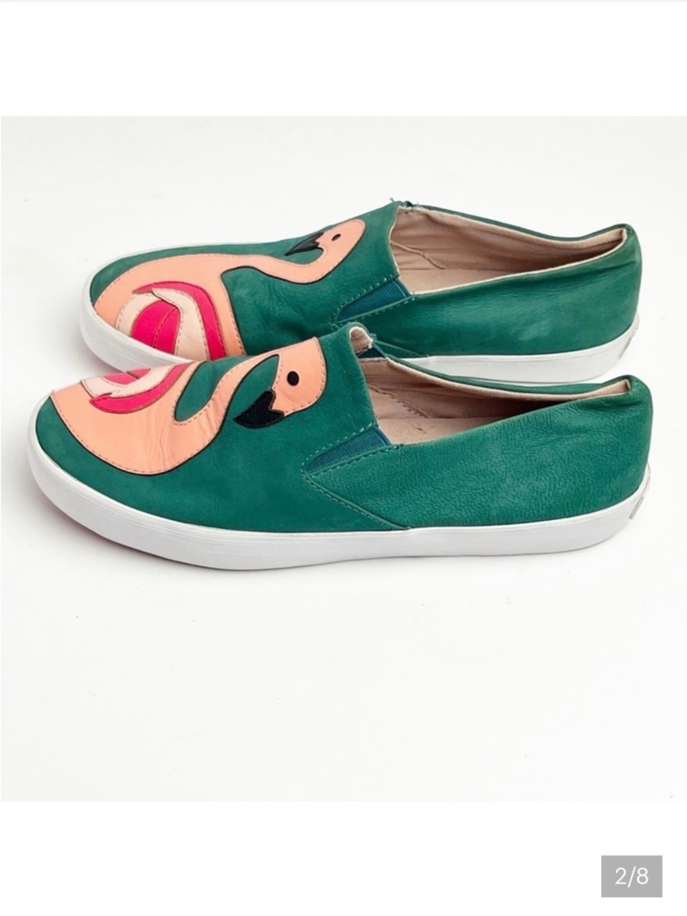 KATE SPADE Selma Green Flamingo Leather Slip On Sneakers, Size 7.5